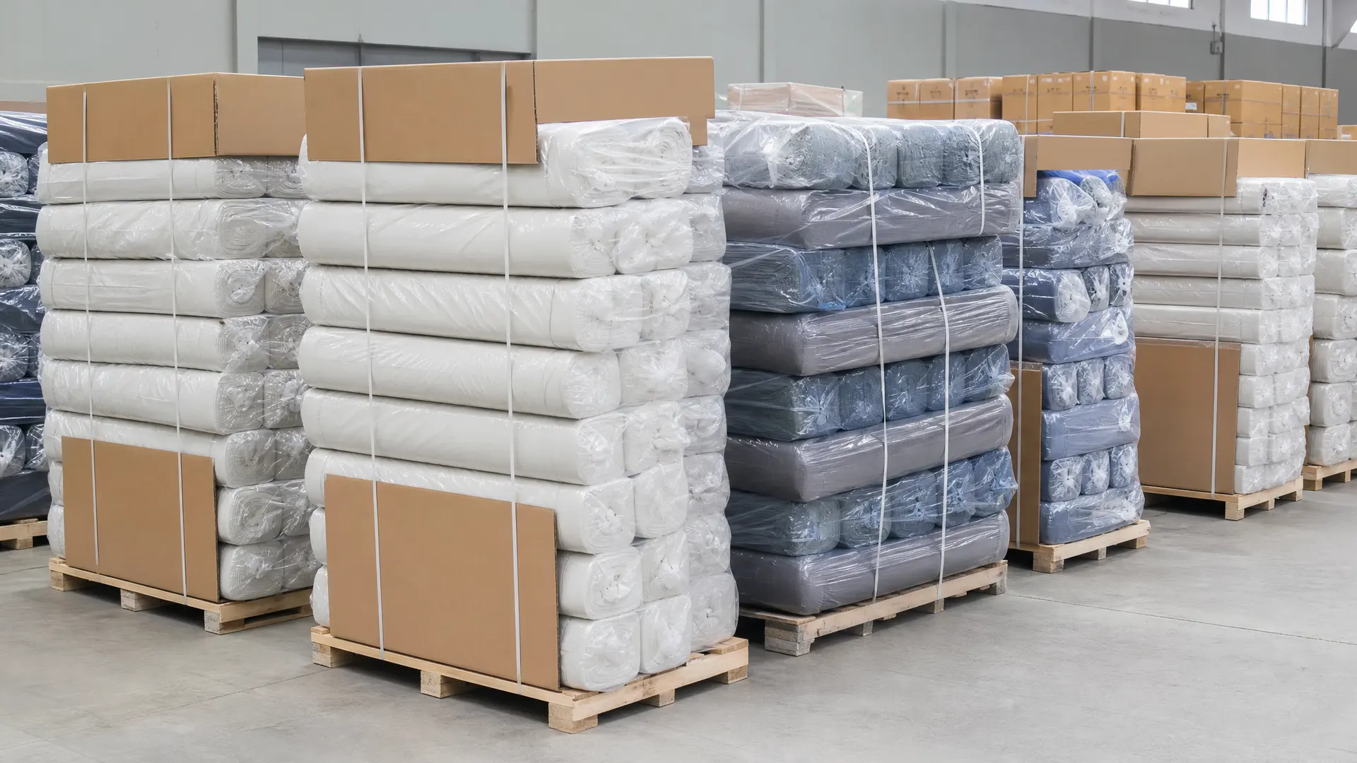 Fabric rolls packed for export shipping