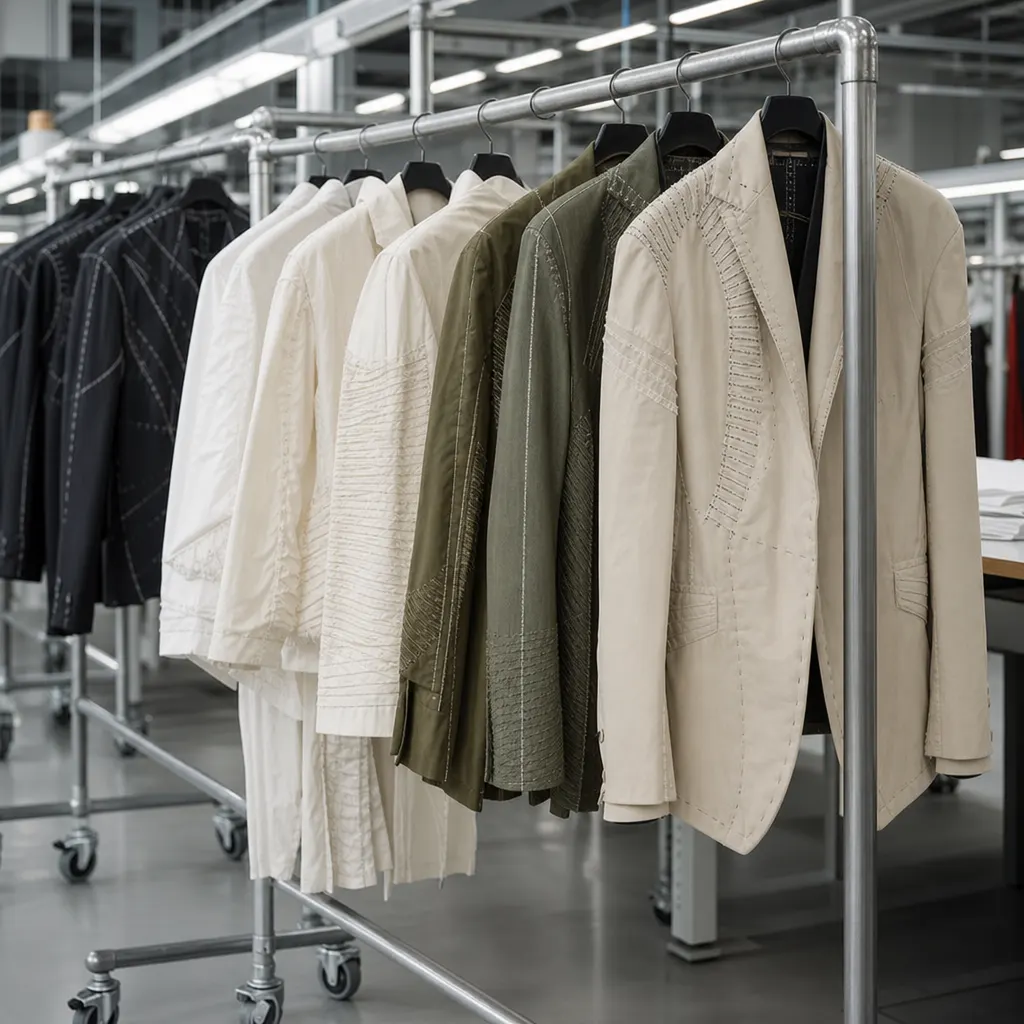 Designer collection garments on factory racks